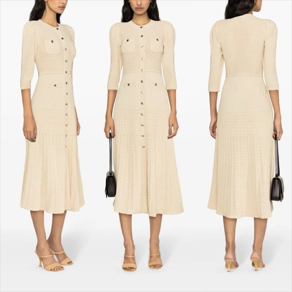 Sandro Ramina VIRAL TIKTOK metallic gold beige puff sleeve knit midi dress - Picture 4 of 9